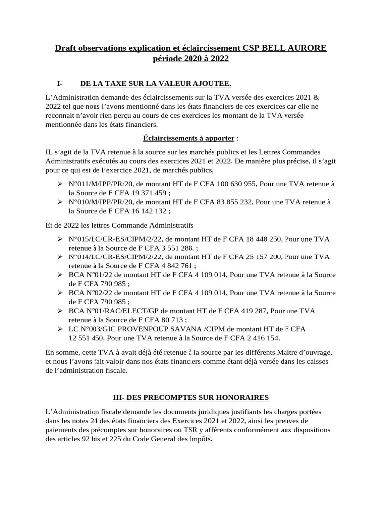Draft Observation, Explications Et Eclaircissement BELL AURO Suit CSP ...