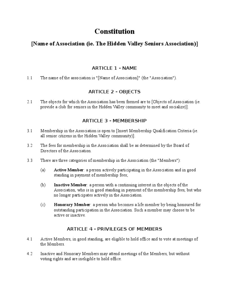 Constitution For An Unincorporated NonProfit Association PDF Board