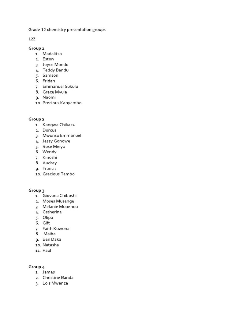 Grade 12 Chemistry Presentation Groups | PDF