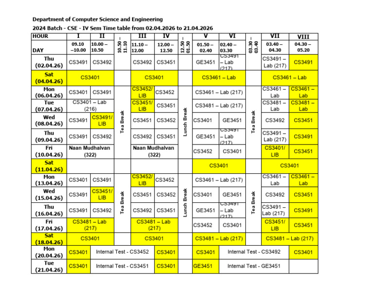 II CSE-Revised Time Table Upto 21.04.2026 | PDF