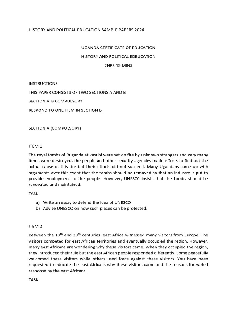 History and Political Education Sample Papers 2026 | PDF | Uganda ...