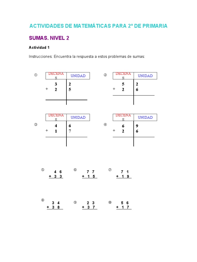 Actividades para Segundo de Primaria | PDF | Sustracción | Enseñanza de ...