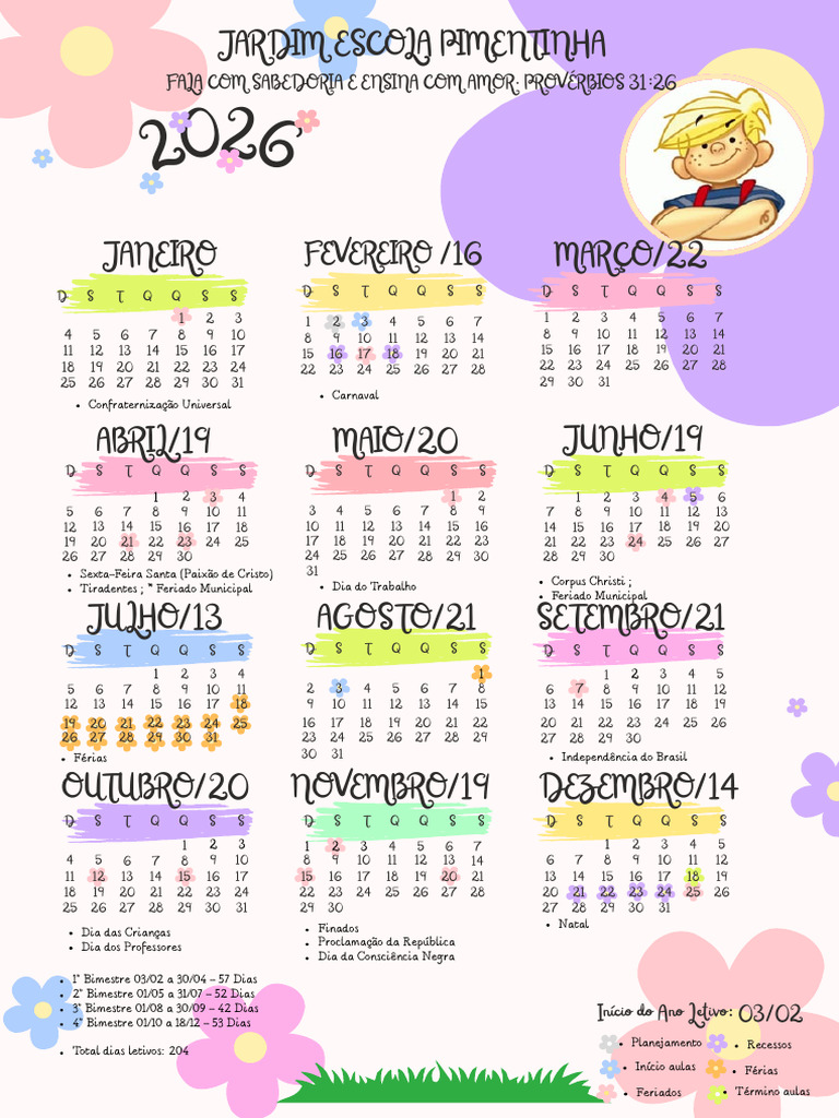 Rosa, Verde e Lilás Lúdico Calendário de 2026 A4 (A4) | PDF