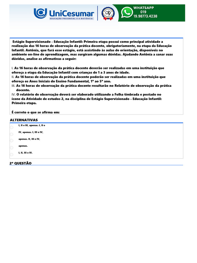 AE1 - Estágio Supervisionado - Educação Infantil Primeira Etapa Possui ...