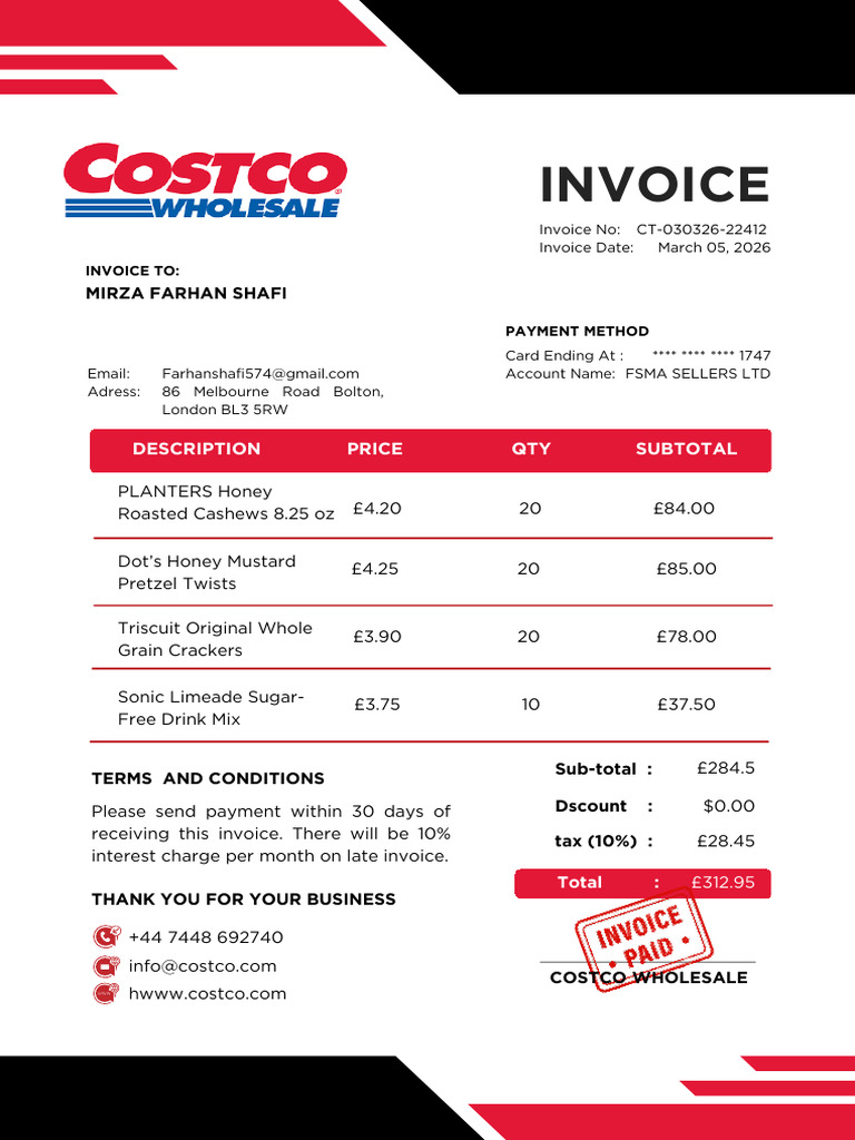 Costco Invoice to Mirza Farhan Shafi (1) | PDF