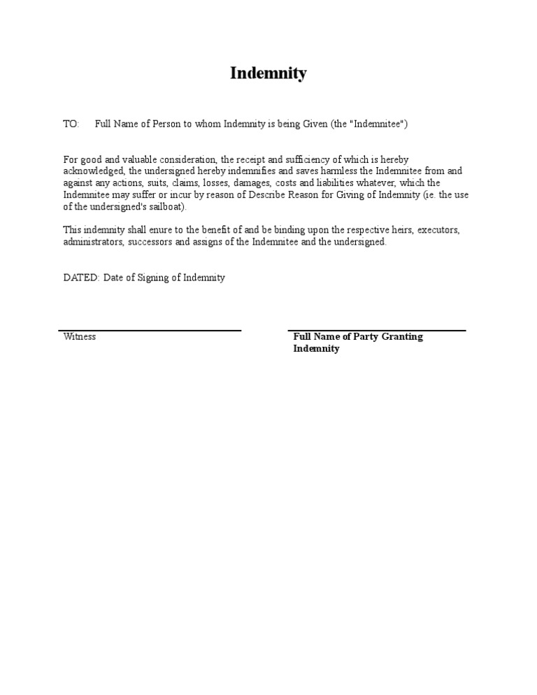 Indemnity Agreement Template | PDF
