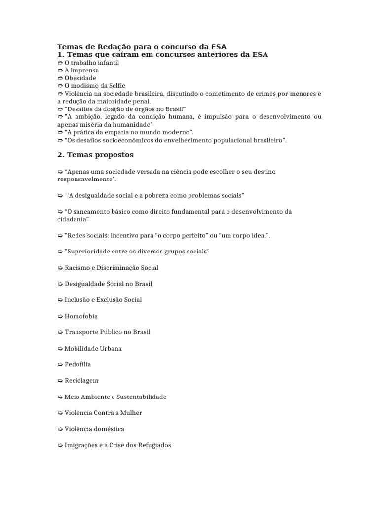 Temas de Redação Para o Concurso Da ESA | PDF | Sociedade | Brasil