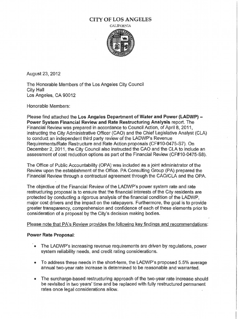 LADWP Power Rate Proposal Cost Reduction Report PDF Employment