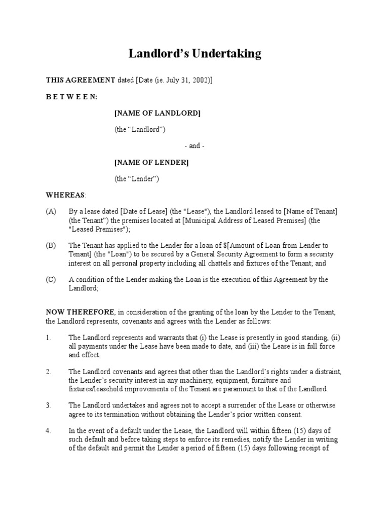 Landlord's Undertaking Landlord Lease
