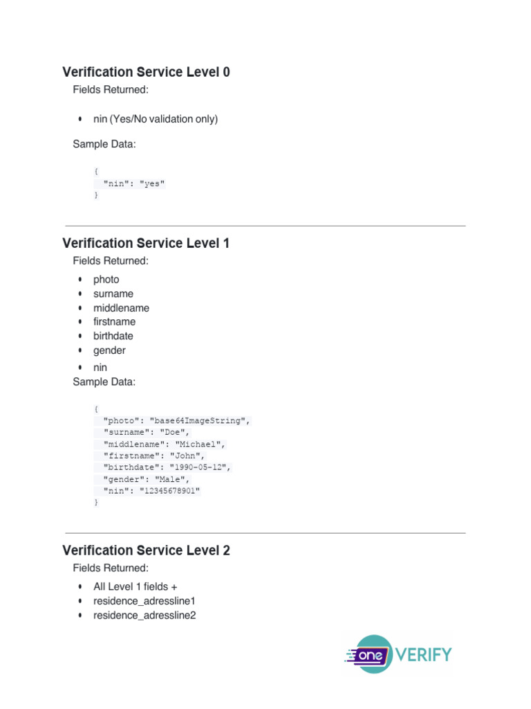 Oneverify NIN Auth Levels and Datapoint | PDF | Nigeria | West Africa