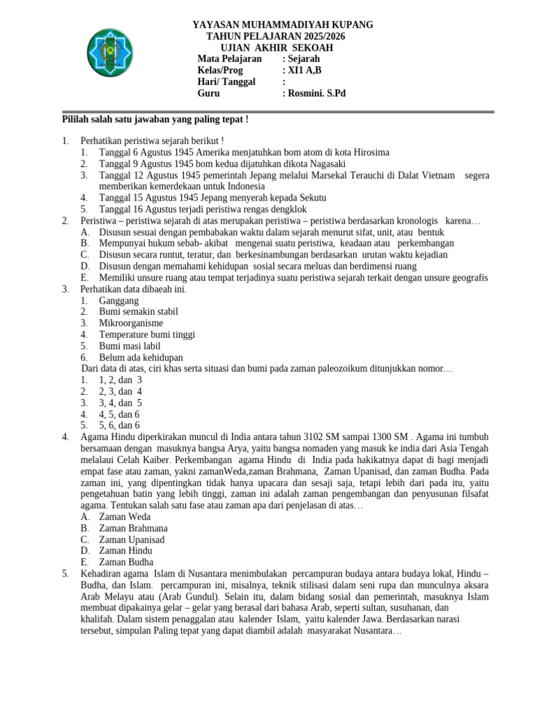 SOAL SEJ UJUIAN AKHIR SEKOLAH X11 2026 (1) | PDF