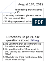 Talking and Reading Article About Dating P 43. - Learning Universal Phrasal Verbs. Picture Description - Writing A Personal Ad About You