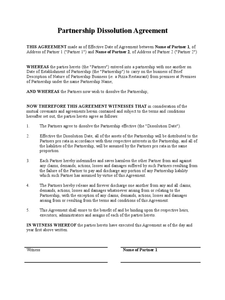 Partnership Dissolution Agreement  PDF  Partnership  Indemnity In dissolution of partnership agreement template