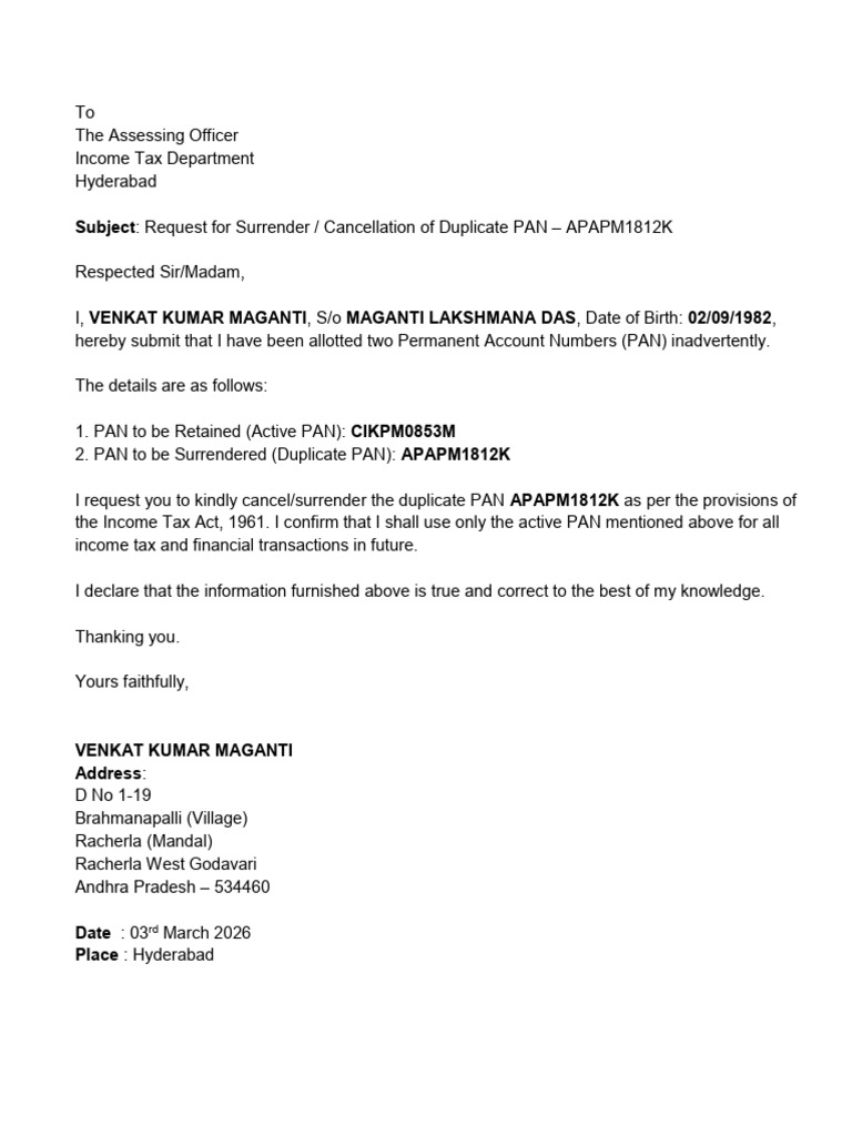 PAN Card Surrender Letter | PDF