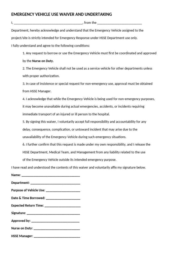 Emergency Vehicle Use Waiver and Undertaking | PDF