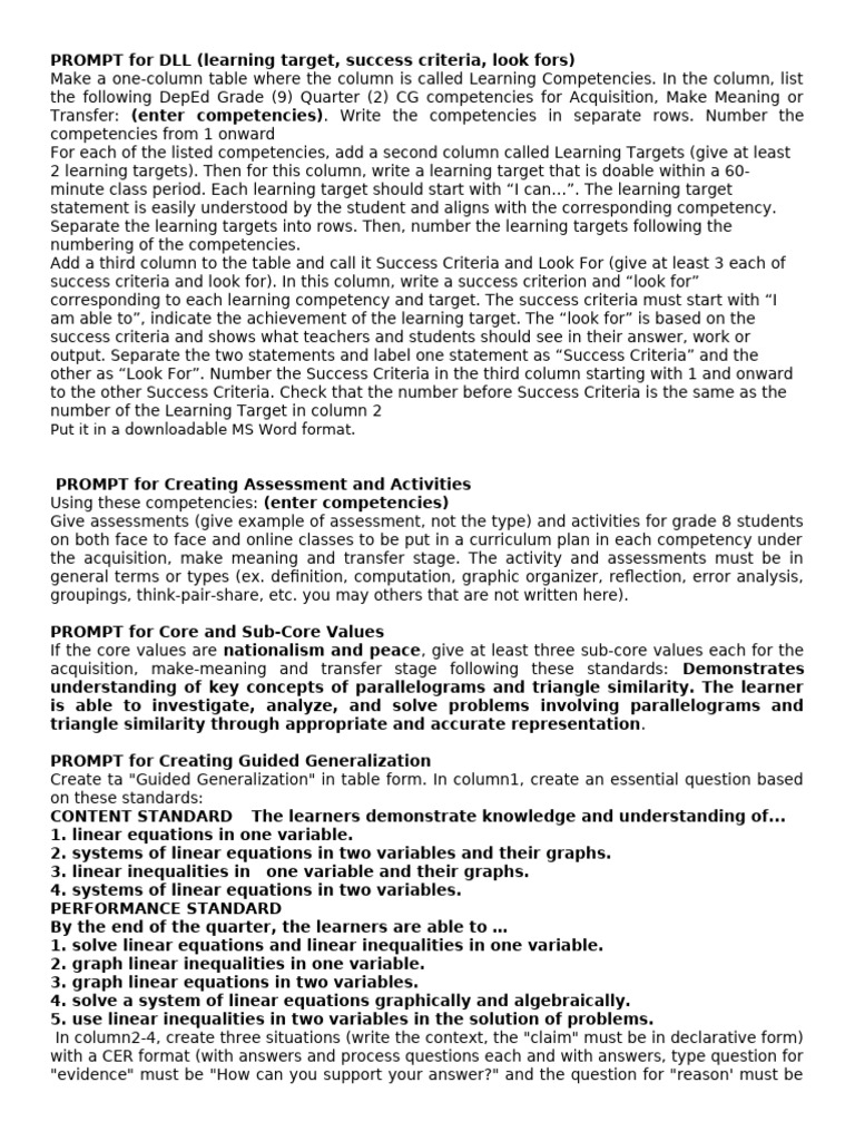 PROMPTS for Curriculum Plan | PDF | Equations | Variable (Mathematics)
