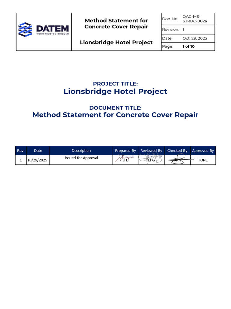 Method Statement For Concrete Cover Rectification | PDF
