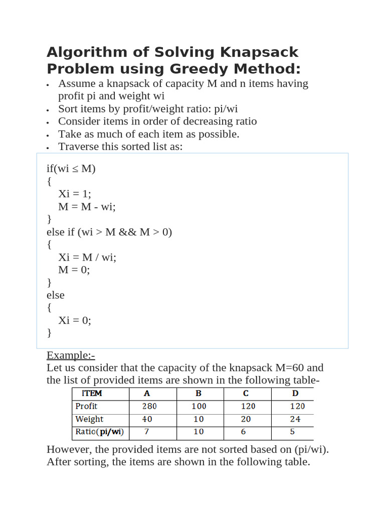Algorithm of Solving Knapsack Problem Using Greedy Method | PDF