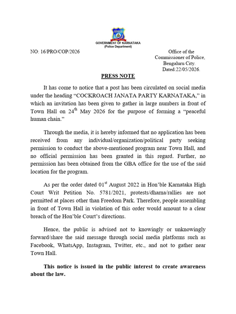 Cockroach Janata Party Press Note... | PDF | Social Conflict | Protest