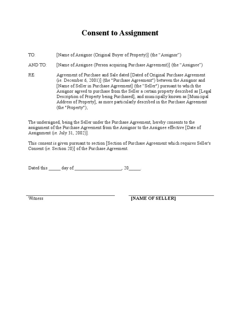 consent letter for assignment of contract