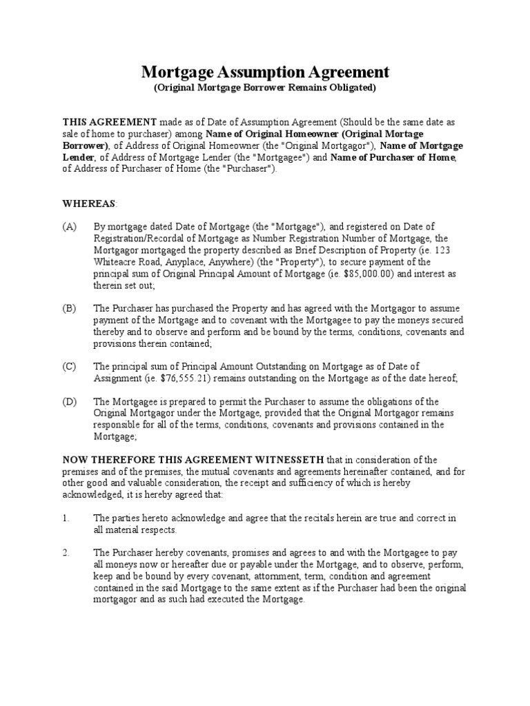 Mortgage Assumption Agreement (Original Mortgage Holder Remains