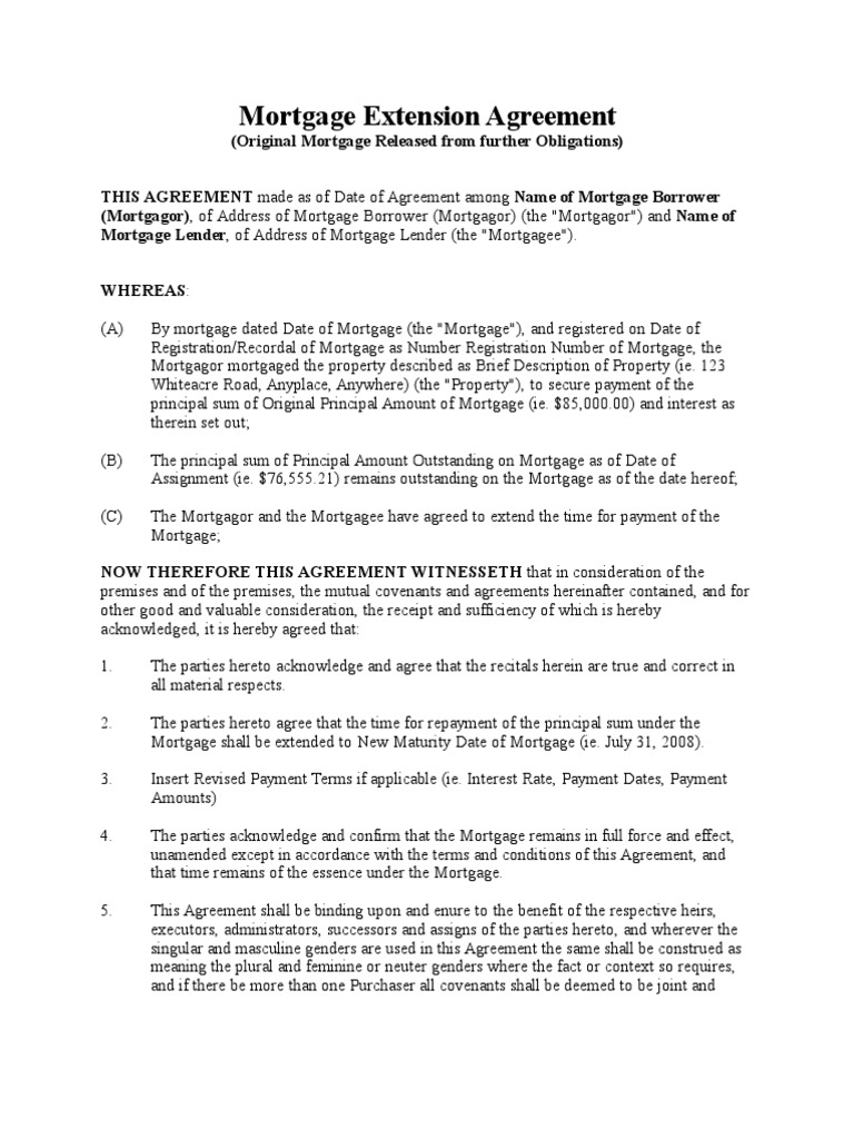 Mortgage Extension Agreement | Mortgage Law | Mortgage Loan | Free 30