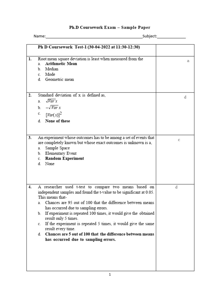 Sample Paper for Course work | PDF | Mean | Sampling (Statistics)