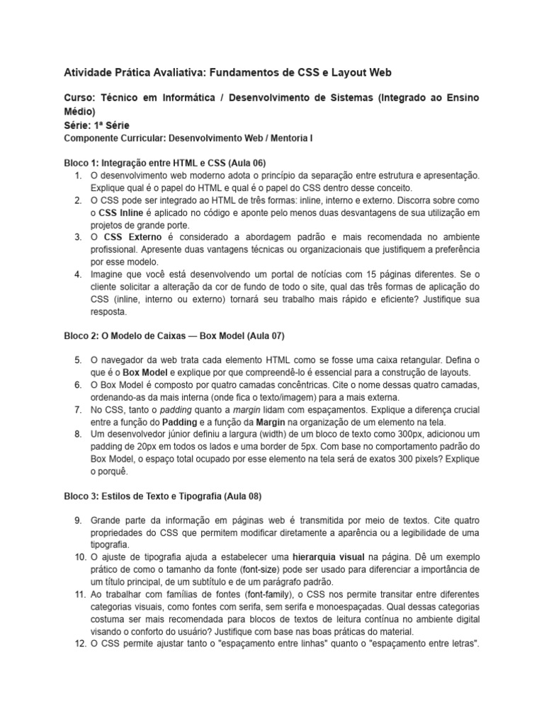 Atividade Prática Avaliativa Fundamentos de CSS e Layout Web | PDF ...