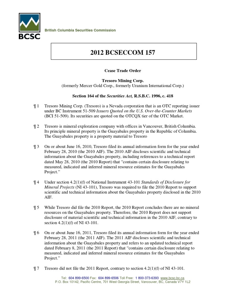British Columbia Securities Commission BCSC Cease Trade Order v