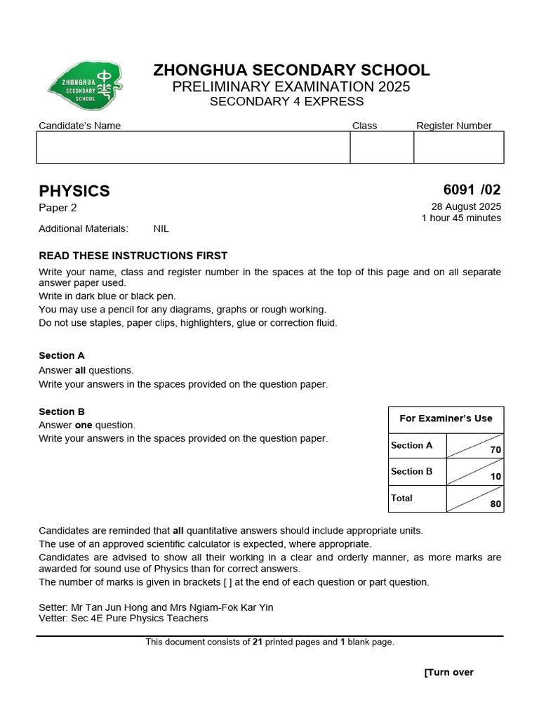 2025 ZHSS Physics Prelim Paper 2 QP | PDF | Transformer | Nuclear Fission