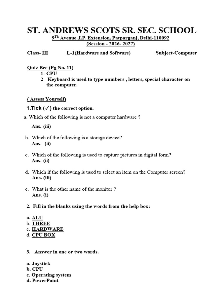 III Computer - L-1 Hardware and Software 2026 | PDF