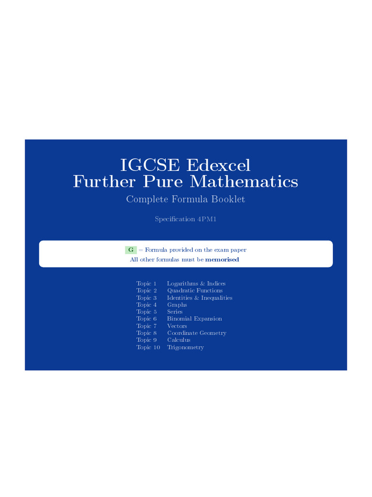 IGCSE Edexcel Further Pure Maths Formula Booklet (1) | PDF | Quadratic ...