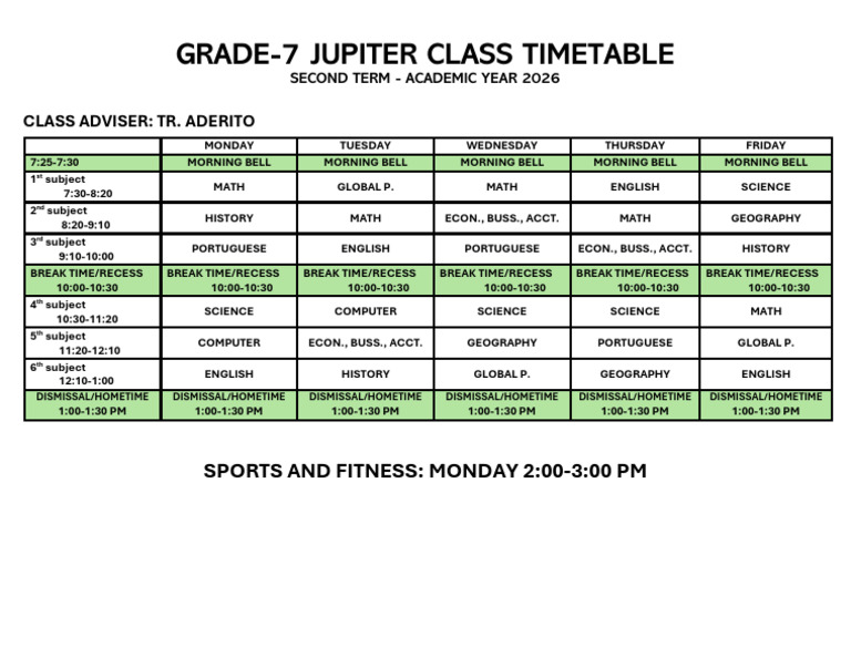 Time Table Grade 7 | PDF