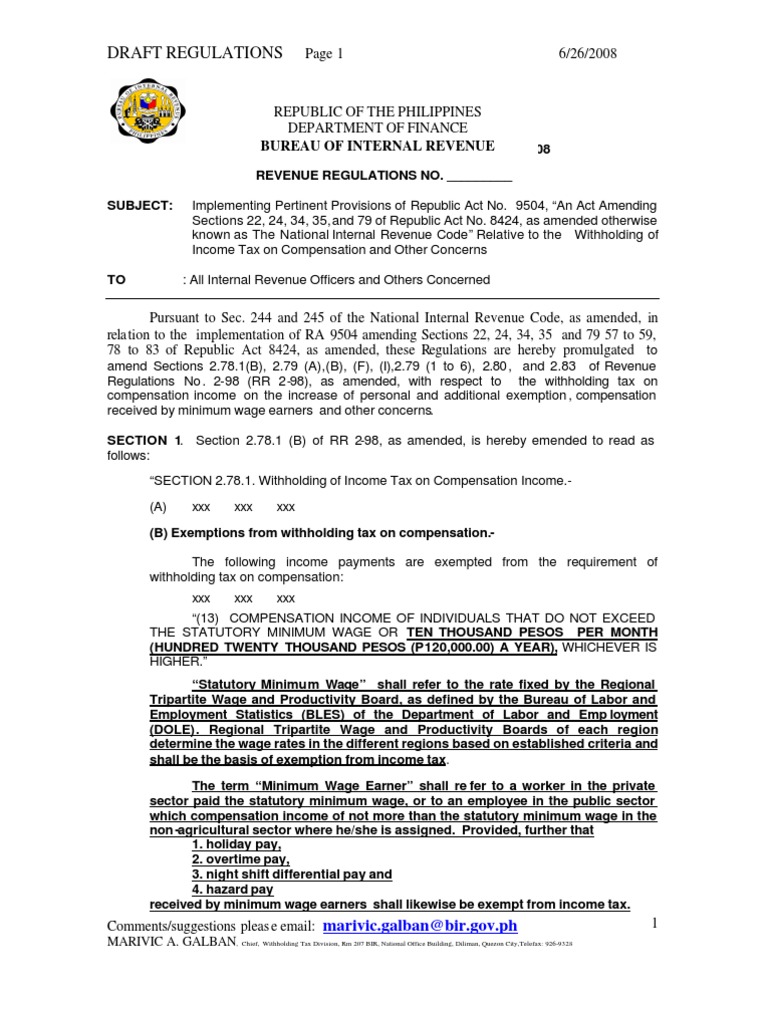 Withholding Tax Regulations RA 9504 | PDF | Payroll | Employee Benefits
