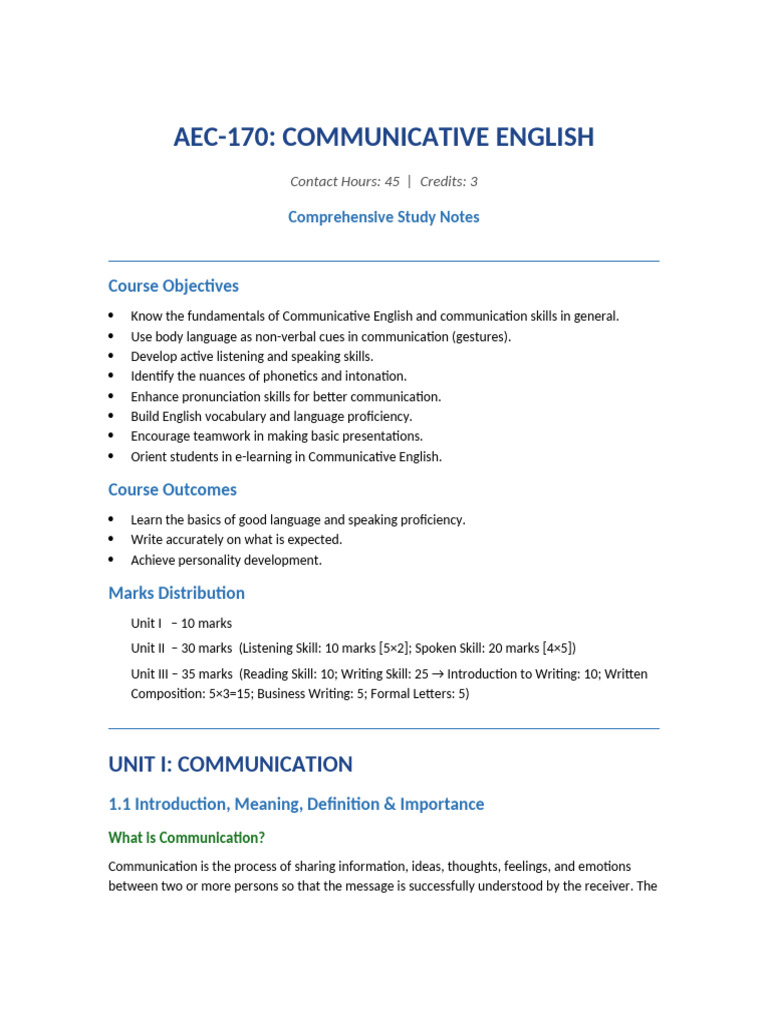 AEC 170 Communicative English Notes-2 | PDF | Communication | Nonverbal ...