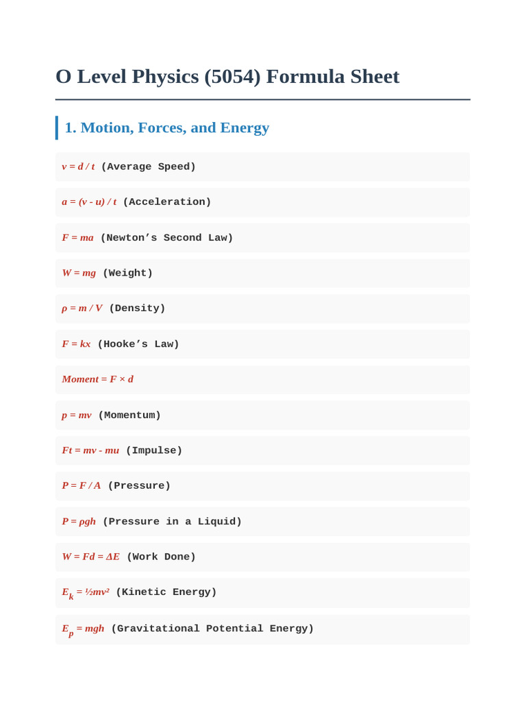 O Level Physics Formulas 2026 | PDF
