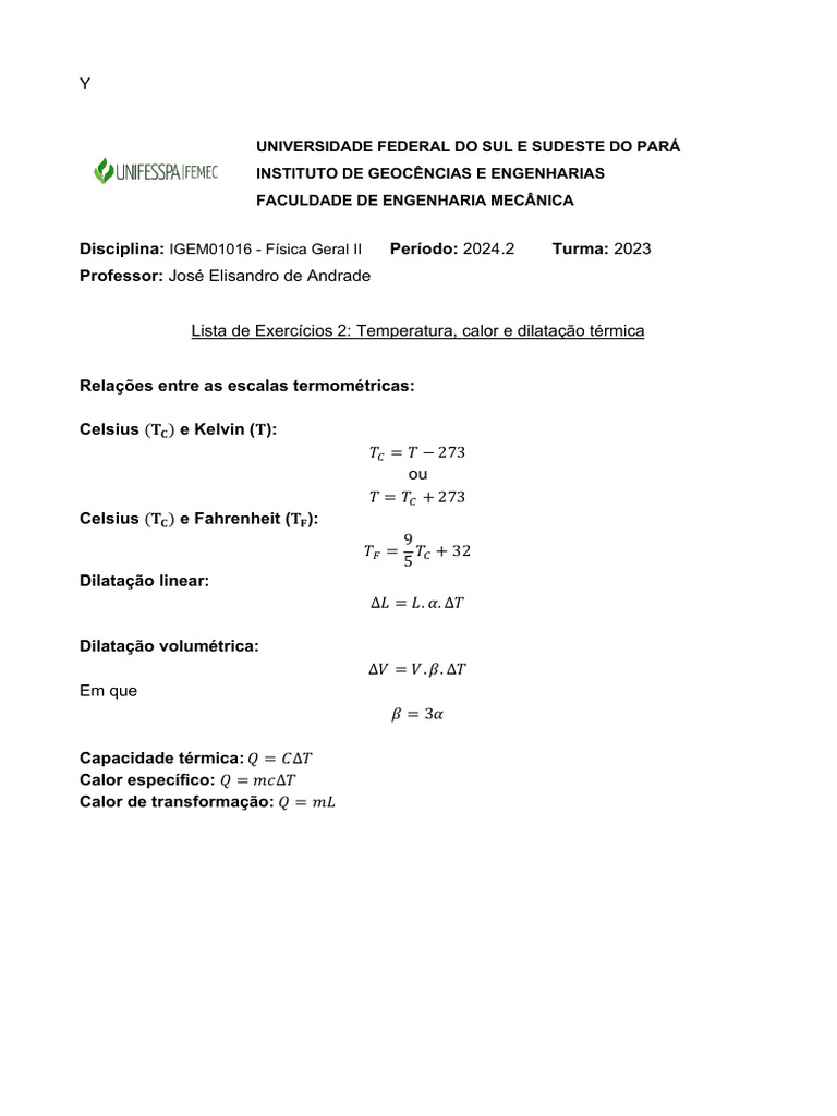 Lista de Exercí Cios 2 - Temperatura e Calor | PDF | Calor | Temperatura