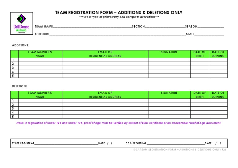 R2 - DDA Team Registration Form - Additions & Deletions | PDF