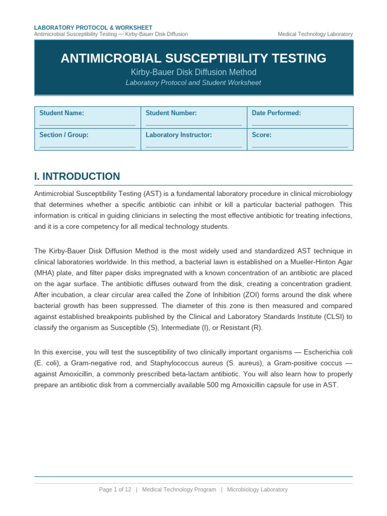 AST Lab Protocol Worksheet | PDF | Microbiology | Clinical Medicine