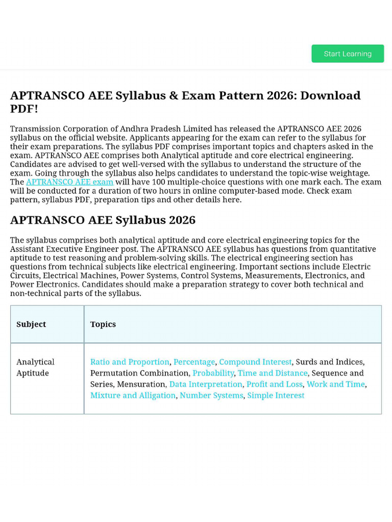 APTRANSCO AEE Syllabus & Exam Pattern 2026 - Download PDF! | PDF