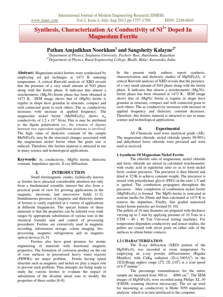 Synthesis, Characterization Ac Conductivity of Ni Doped in Magnesium ...