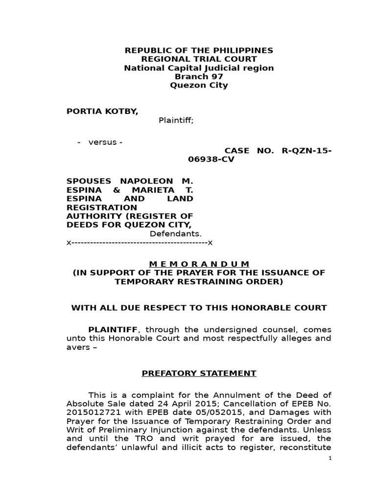 MEMOrandum TRO | PDF | Injunction | Legal Concepts