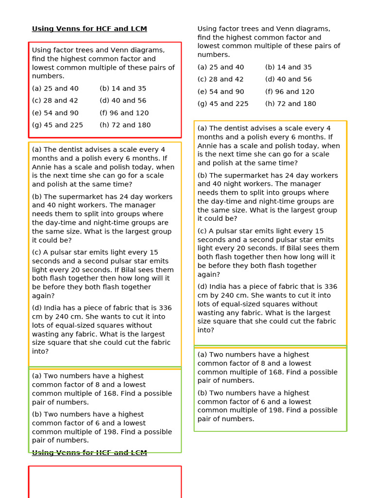 HCF and LCM Using Venns Practice Strips | PDF | Mathematics | Algebra