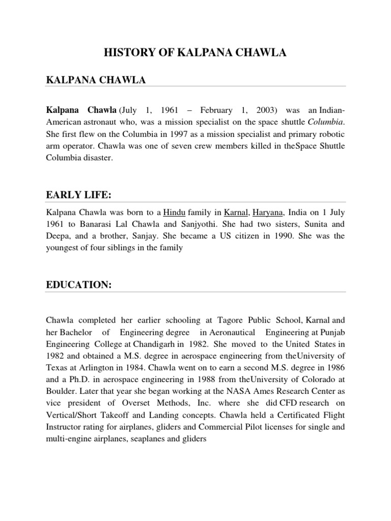 History of Kalpana Chawla | PDF | Space Exploration | Government Programs, image size:768x1024