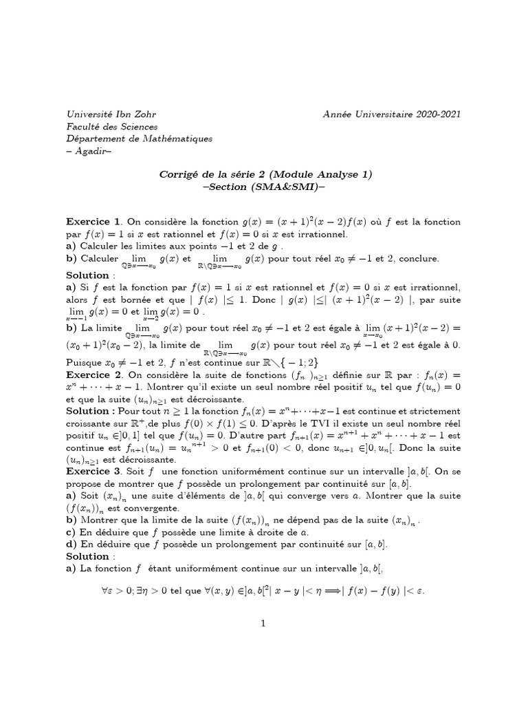 TD2 SMASMI Anlyse 1 (2020) Corrigé | PDF | Analyse réelle | Objets ...