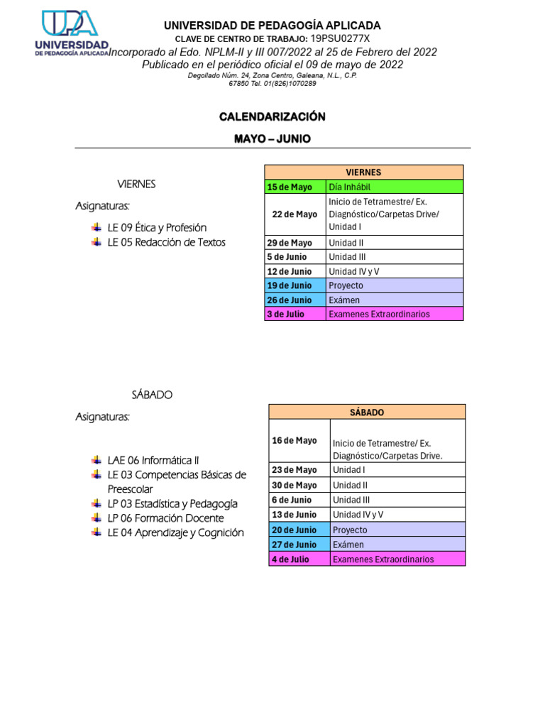 Calendarización May Jun | PDF