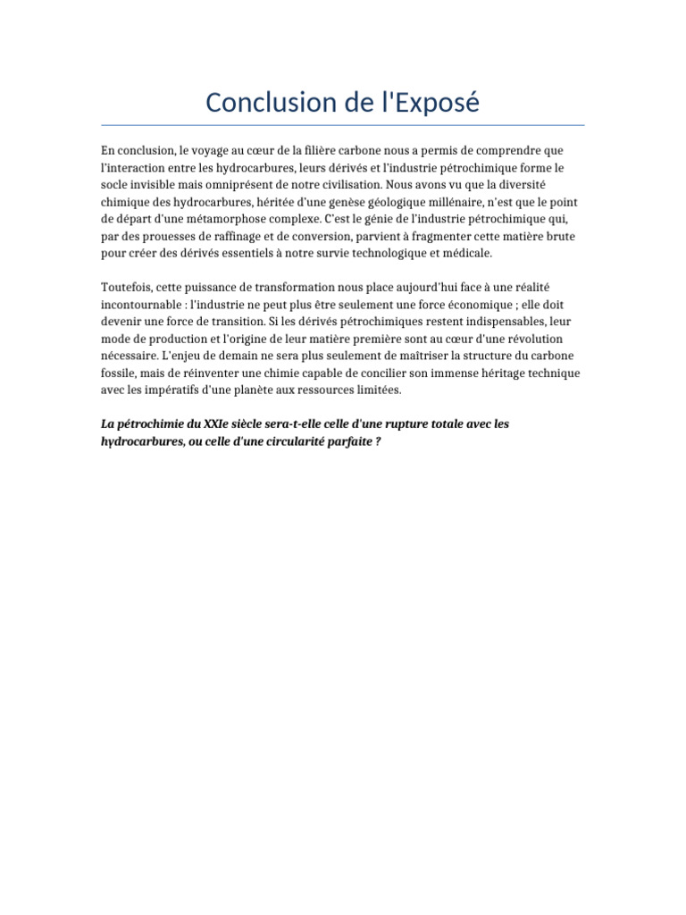 Conclusion - Expose - Hydrocarbures, Dérivés Et Industries ...