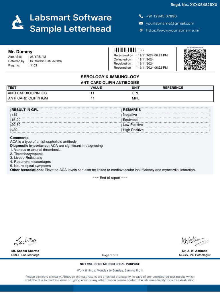 Anti Cardiolipin Antibodies Report Format | PDF
