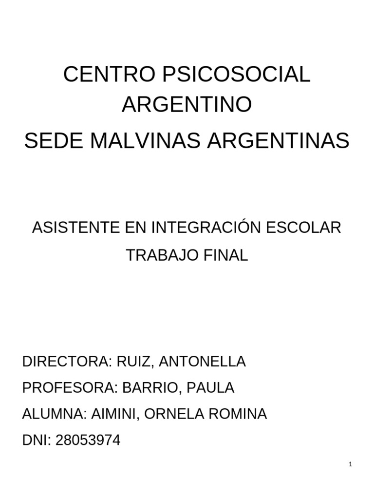 TRABAJO FINAL ASISTENTE INTEGRACIÓN ESCOLAR | PDF | Plan de estudios ...