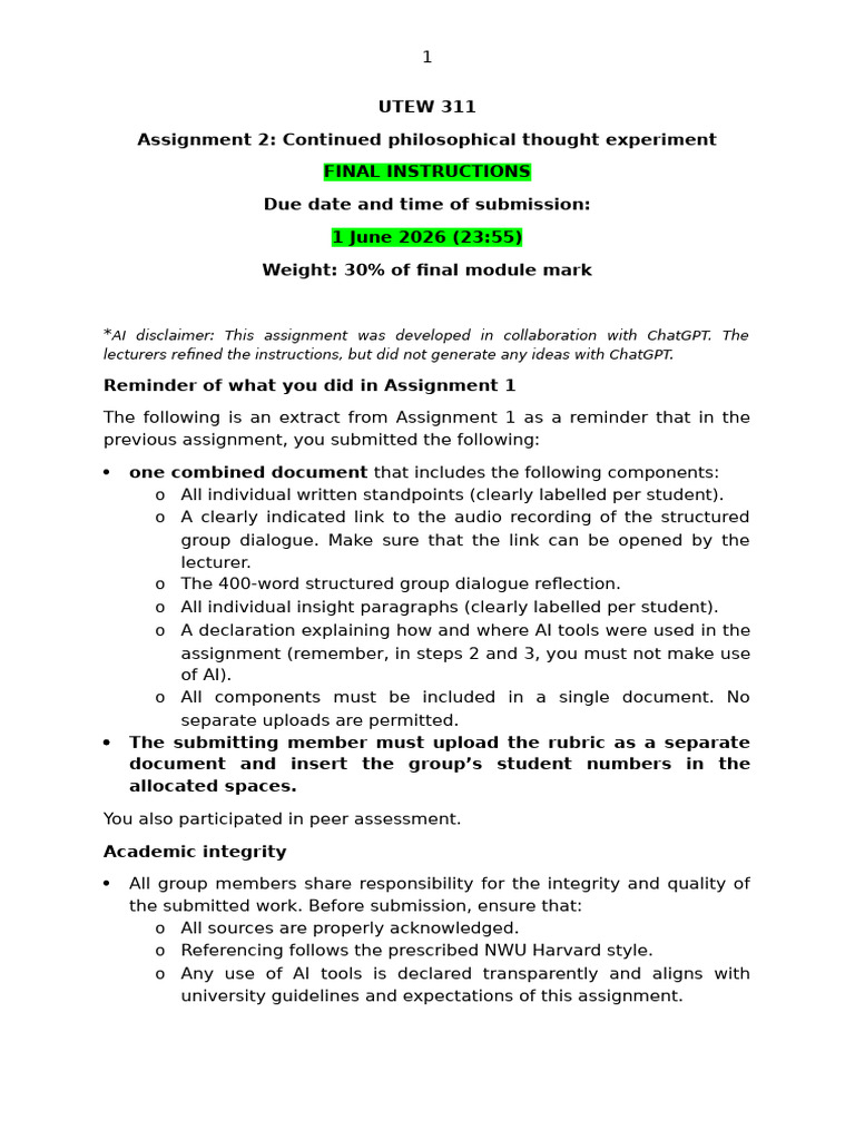 2026-05-18 UTEW 311 Assignment 2 FIN | PDF | Postmodernism | Feminism